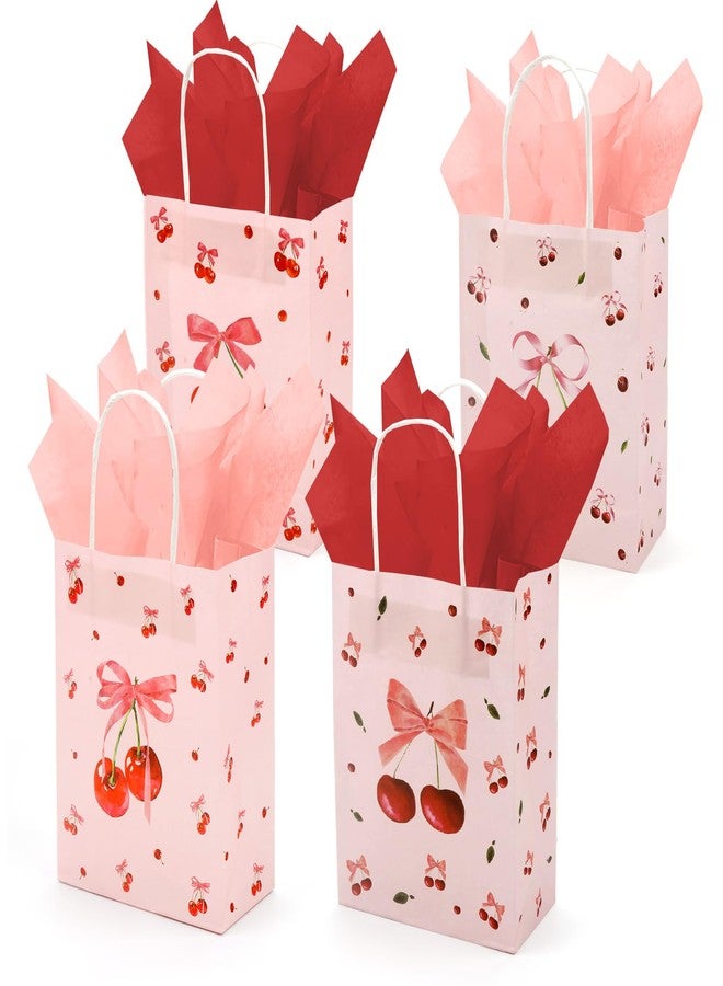 FujDun 12pcs Cherry Gift Bag, Pink Bow Medium Gift Bags with Tissue Paper, Cherry Party Decorations for Birthday Bridal Shower Baby Shower Wedding Party Favor Bags (8.27 x 6.3 x 3.15 inch) - Image 1